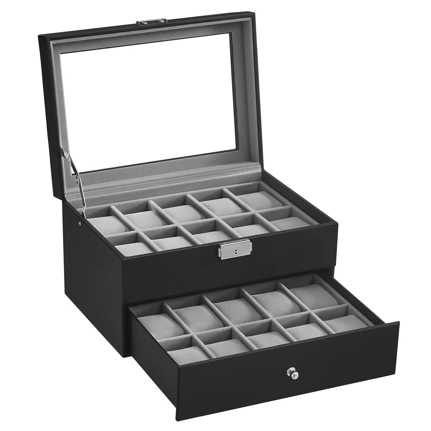 20-Slot Watch Organizer Case, Watch Case with Glass Lid, 2 Layers, Lockable Watch Display Case, Black Synthetic Leather, Gray