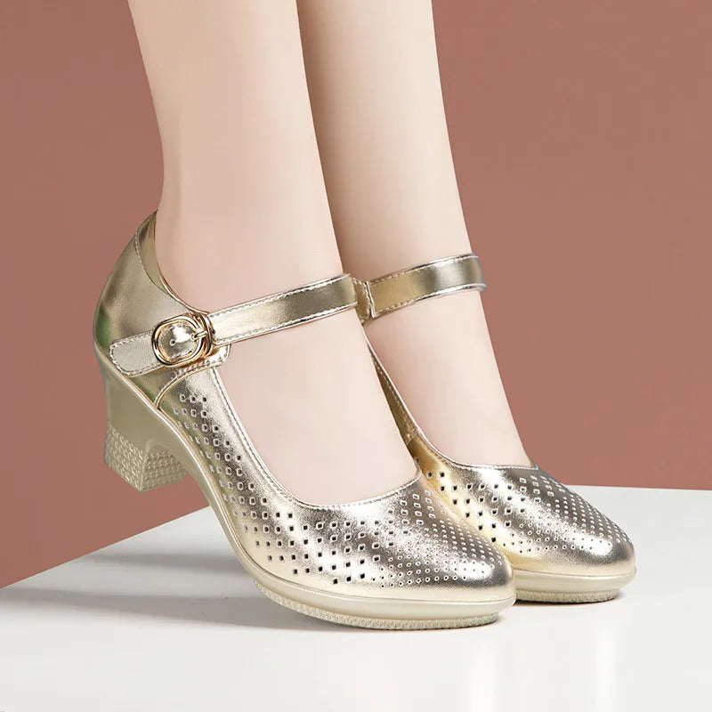 5.5cm 7.5cm Small Size 33 Breathable Cutout Block Heels Shoes Mary Janes 2024 Soft Leather Platform Pumps for Mom Dance Model
