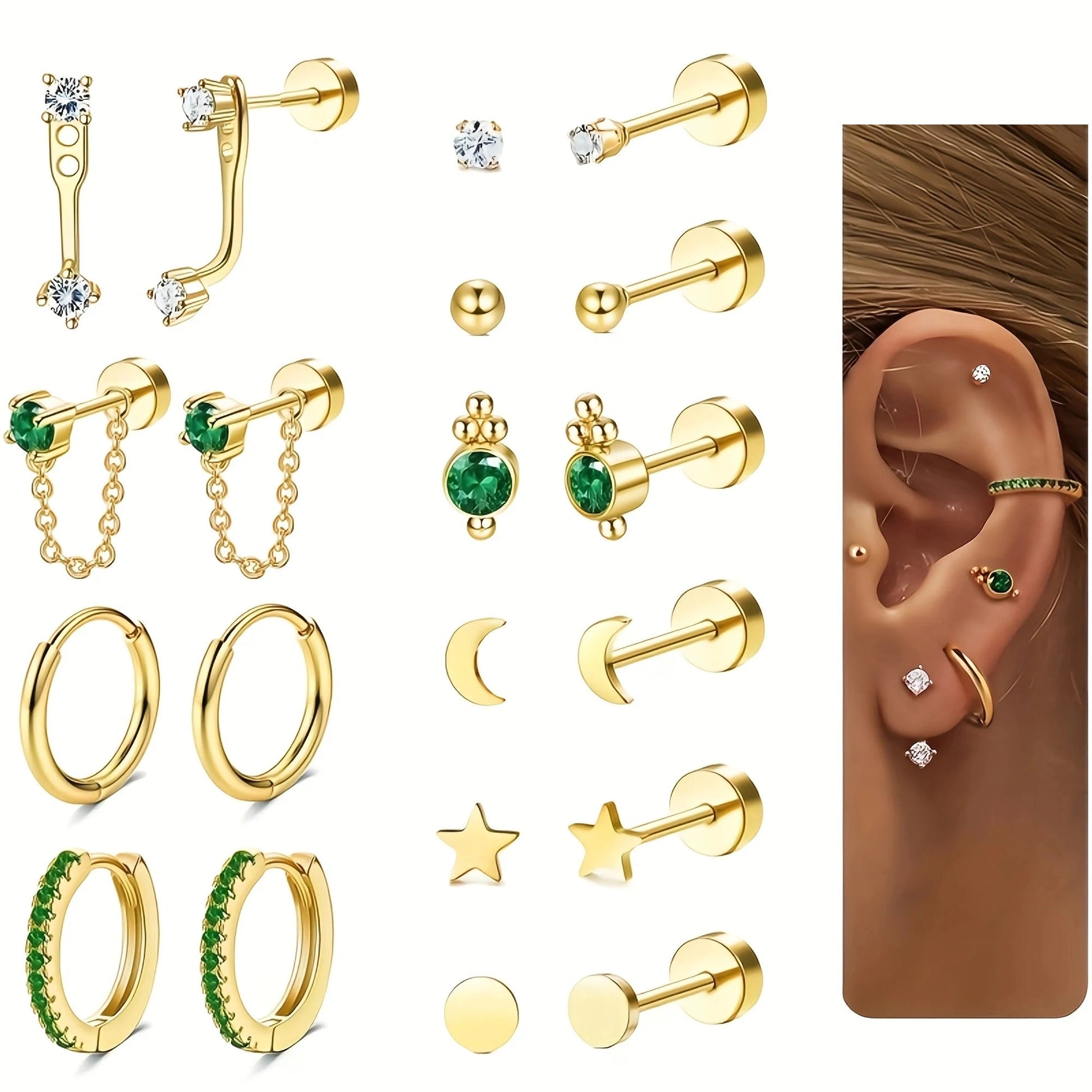 20pcs Stainless Steel Delicate Comfortable Green Gemstone Flat Back Earring Set,Hypoallergenic Small Hoop Earrings Jewelry Gifts Viralgem Store