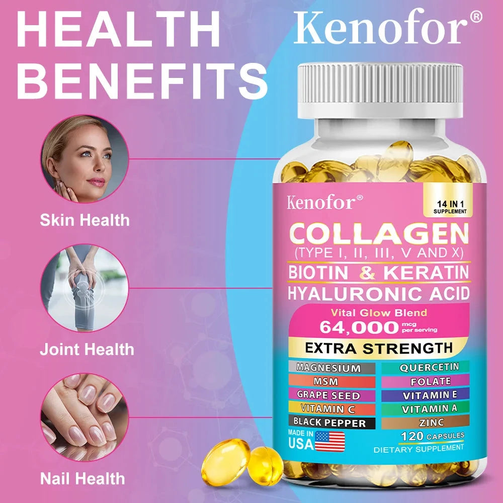 14 IN 1 Collagen Capsules - Biotin & Keratin Skin Care Product Booster Anti Aging Whitening Skin Nail and Hair Care Supplement Viralgem Store