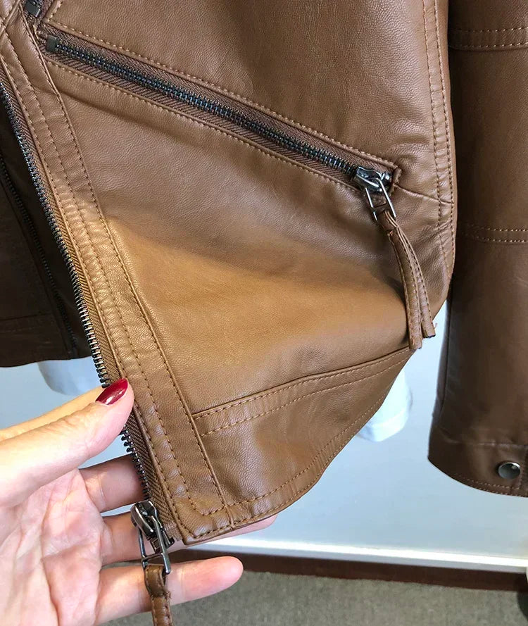 Spring Autumn Vintage Faux Leather Jacket Women Brown Moto Biker  Leather Coats Casual Street Wear Zipper PU Basic Outwear
