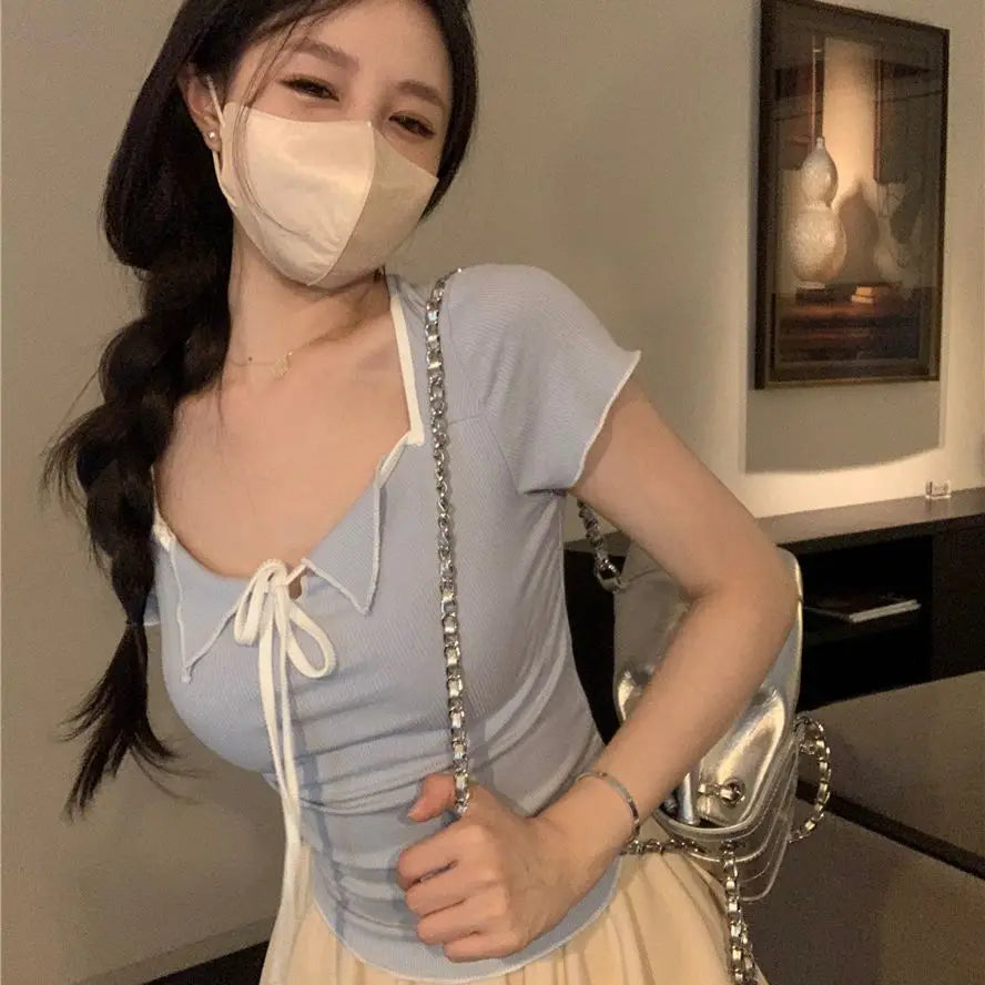 Sweet Spicy Girl Style Tie Straps V-neck Women's Knitted T-shirt Show Slim Figure Short Sleeved Tops Youth Elegant