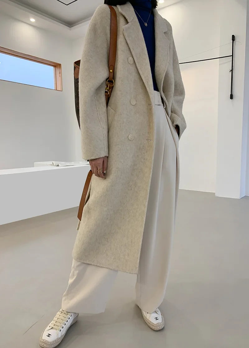 2024 Autumn Winter Wool Coat Women Double-breasted Solid Color Women's Double-sided Woolen Belt Coats Loose Warm Wool Jacket