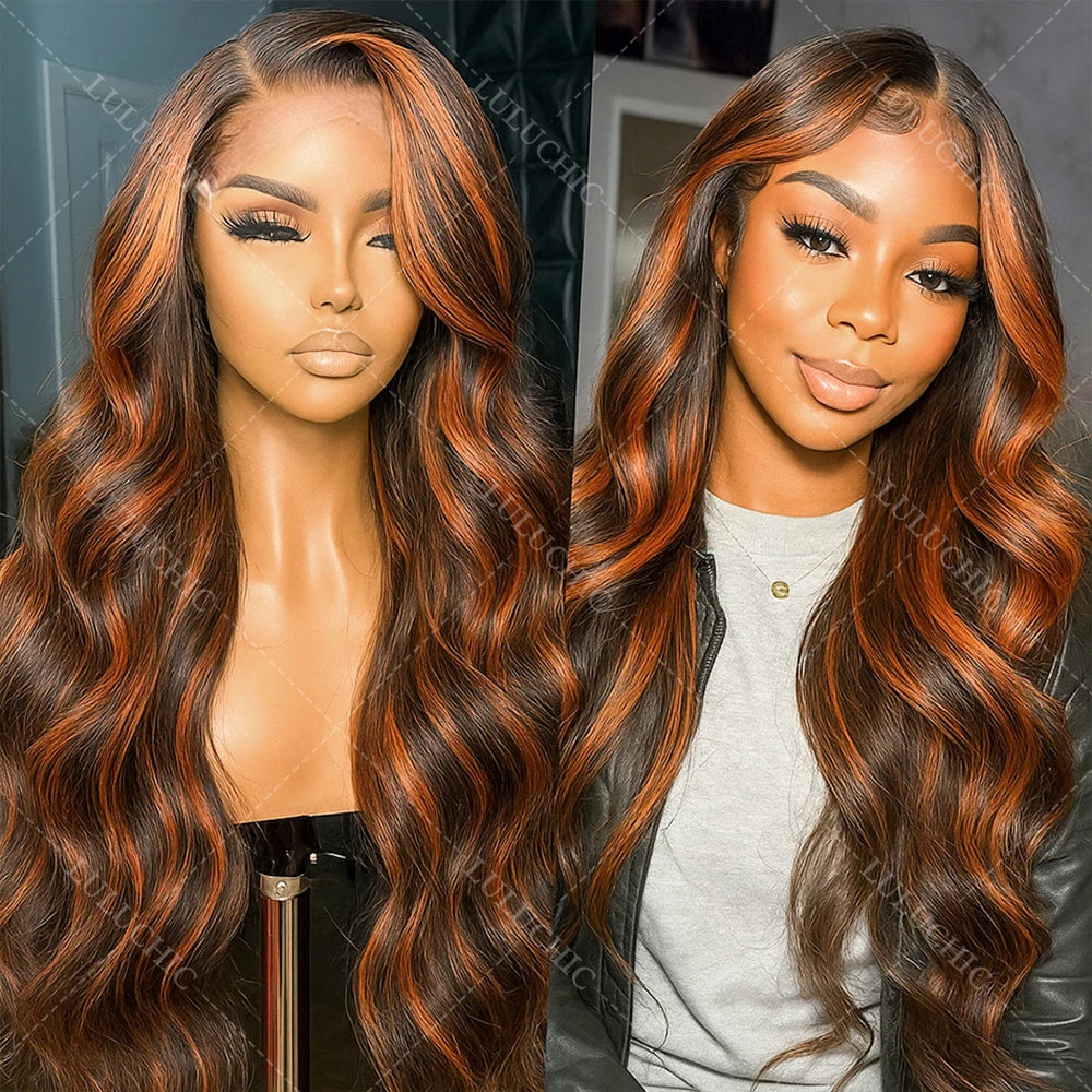 Upgraded 1B/30 Balayage Body Wave 13x4 Highlight Lace Front Human Hair Wig Vietnamese 30 Inch Omber Brown Colored Wig Human Hair Viralgem Store