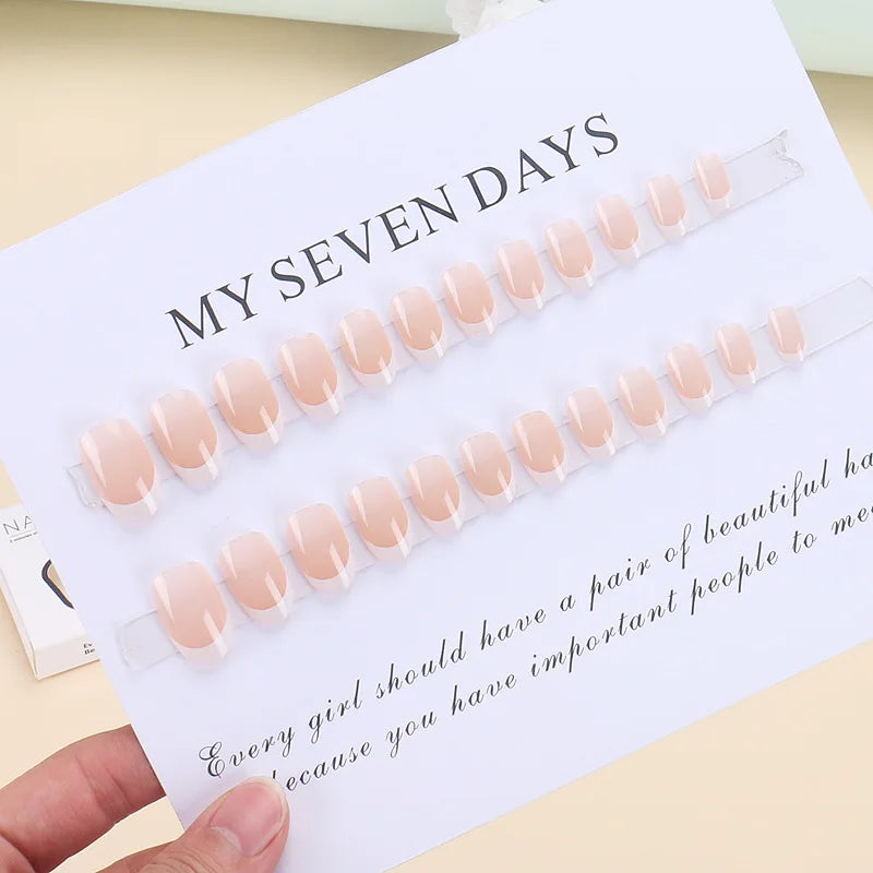 24Pcs Wearable French Fake Nails with Glue Simple Almond False Nails White Edge Design Short Full Cover Oval Nails Set Press On