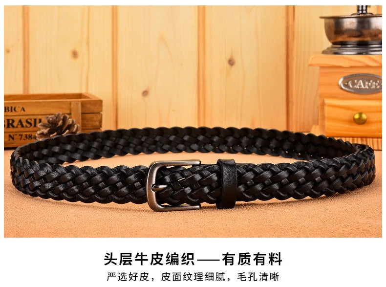 2023 Women Casual Luxury New Style Width 2.5cm  Woven Belt Needle Buckle Real Leather Head Layer Cowhide Handmade Decorative