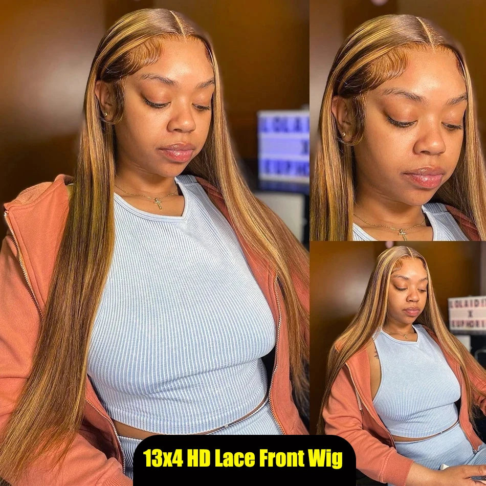 200% Density Bone Straight Blonde Ombre Highlight Wig HD Lace 13x6 Brazilian Human Hair Frontal Wig for Women Colored Hair Wig