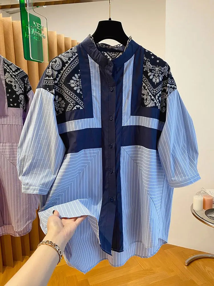 Striped Short-sleeved Shirt Women 2025 Summer Autumn New Stitching Printed Cotton and Linen Retro Loose Casual Blouses Top Freshlook Styles