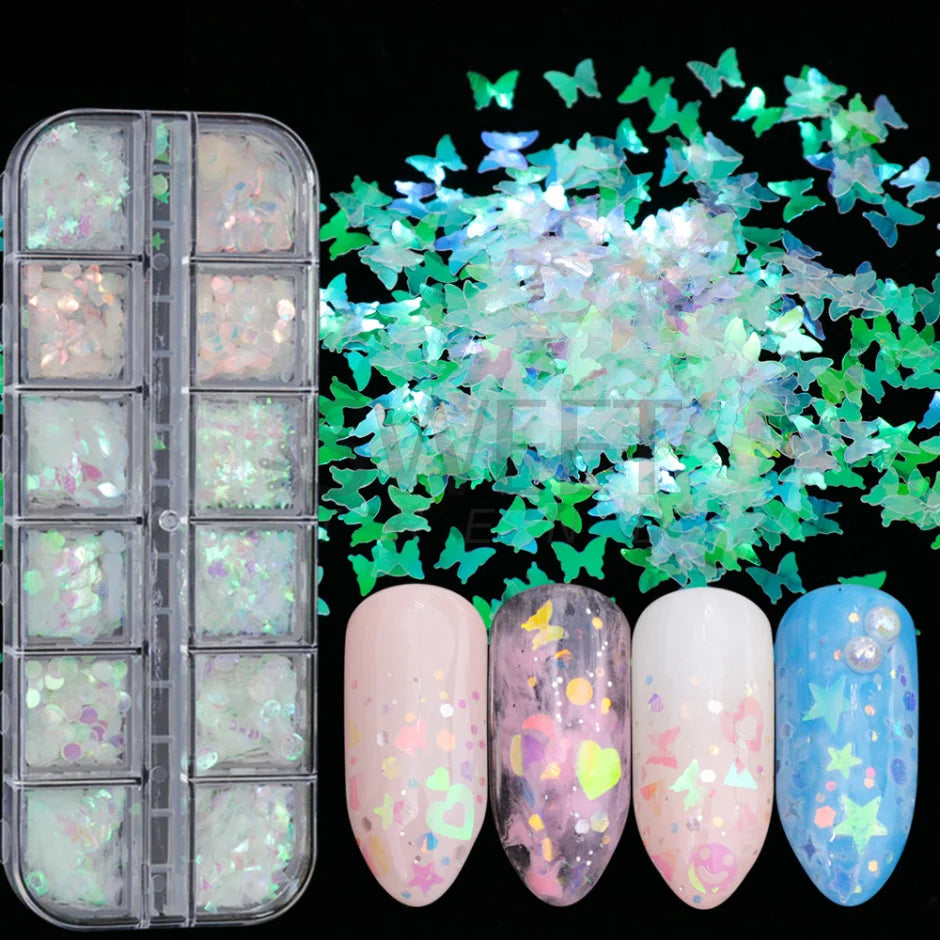 12 Grids Opal Dream Crystal Sequins Nail Flake Galaxy Iridescent Aurora 3D Paillette for Winter Autumn Manicure Decoration SWYFH Viralgem Store