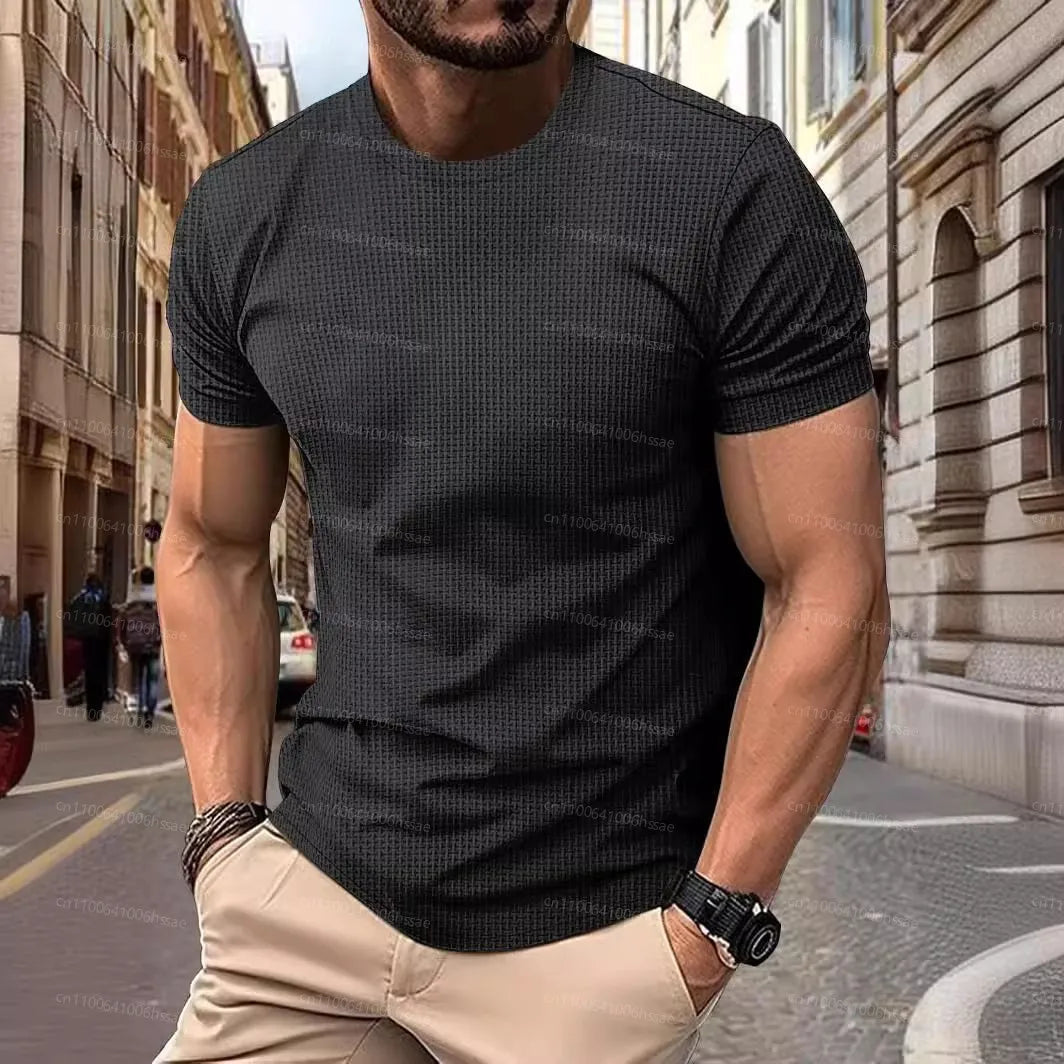 2025 New Summer Men's High-End Mesh Ice Silk Round Neck Short Sleeve Acrylic Anti-Wrinkle Pop Breathable High Street Polo Shirt