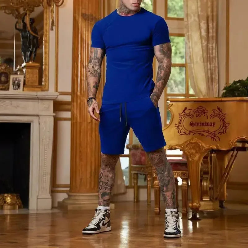 2025 summer new men's breathable sportswear short sleeved t-shirt and shorts set popular quick drying clothing