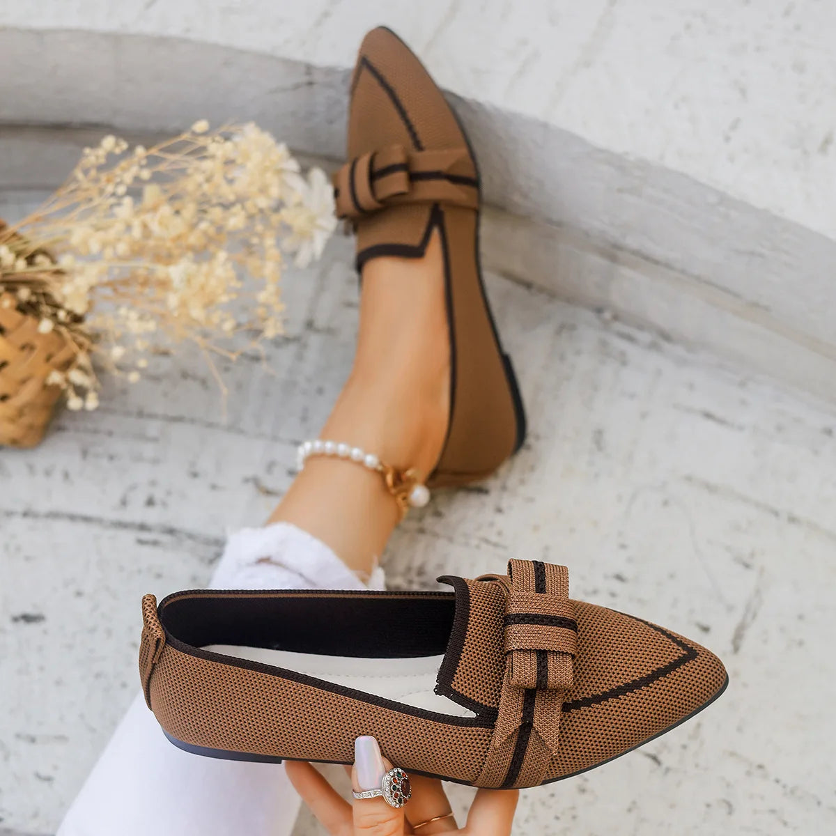 Women Flats 2024 New Knitted Slip Breathable Comfortable Solid Color Shoes Casual Pointed Toe Walking Loafers Sneakers Women Viralgem Store