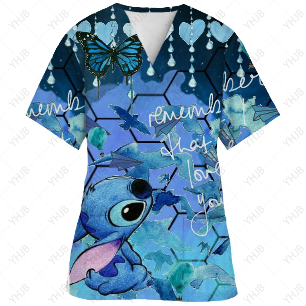 Top Women 2024 Minnie Mouse Tops Disney T Shirt Pocket T-shirts Hospital T-shirt Summer Nurse Uniform Woman Clothes Mickey Tees