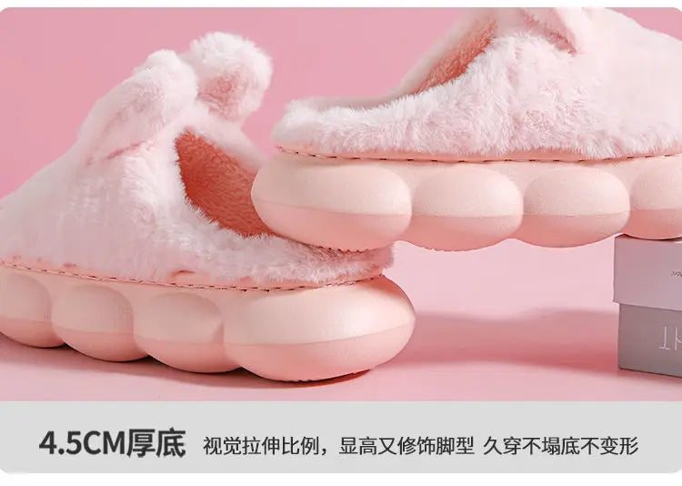 8 cm High platform fur slippers women's winter fluffy ear home shoes woman white bunny rabbit slippers woman house clog shoes
