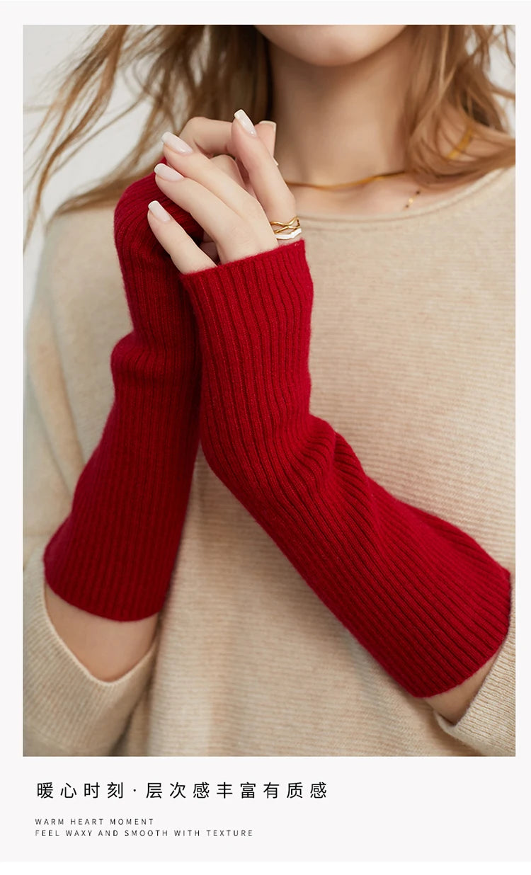 Winter Women 100% Cashmere Long Mitts 25cm Fine Knitted Fingerless Gloves Y2k Thermal Gloves Semi Finger Lengthen Arm Warmers Viralgem Store