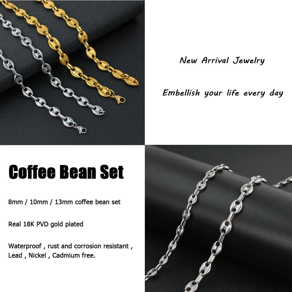 USENSET Coffee Bean Stainless Steel Bracelet Waterproof Link Chains 8-11MM Handmade Jewelry Gold Color Gifts 7-34inch