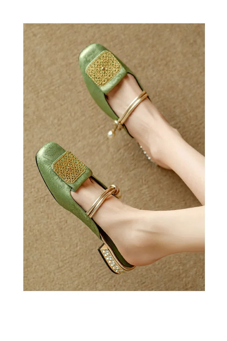 2024 Summer Elegant Sandals Women New Rhinestones Fashion Dress Half Slippers Baotou Women's Temperament Chinese Style Slippers