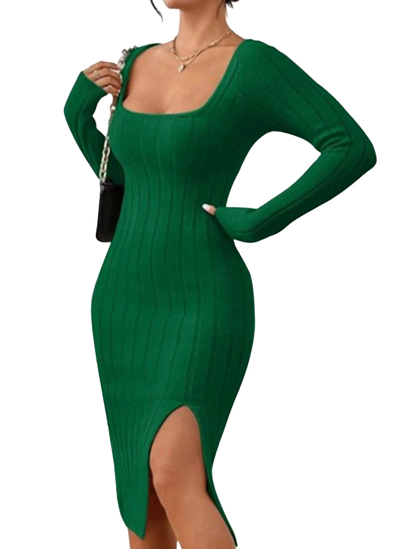 Women Bodycon Dress Long Sleeve Slim Fit Knitted Dress Square Neck Party Split Hem Long Wrap Dresses Green Viralgem Store