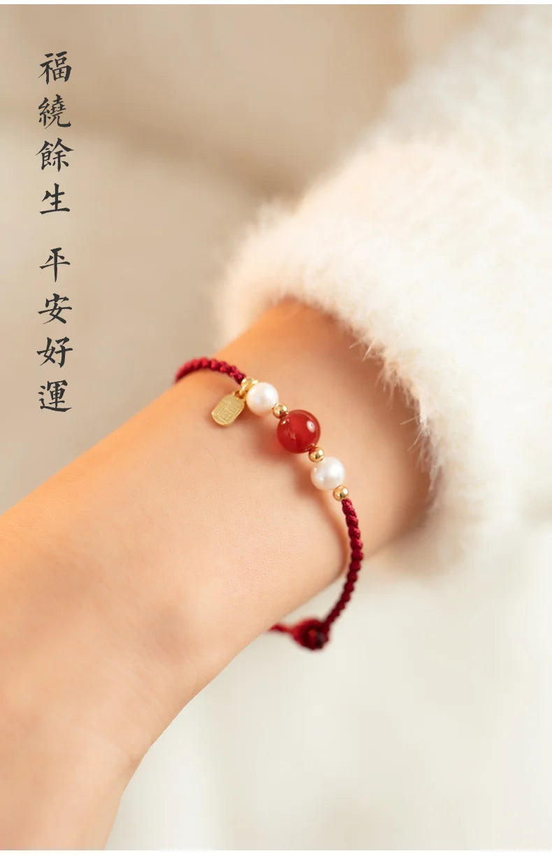2024 Year of The Dragon Amulet Red Agate Red Rope Bracelet Get Rich Female Good Luck Pearl Beads Braided Rope HandRope Couple