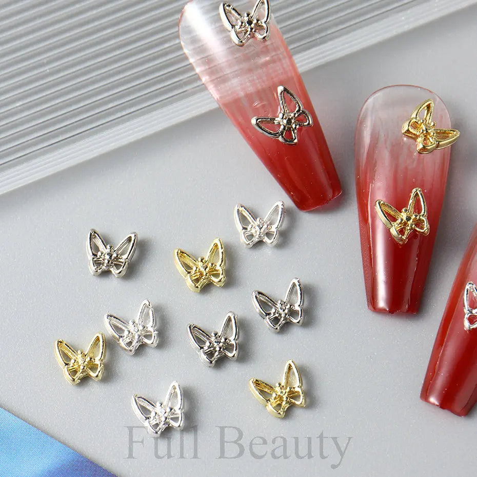 10pcs/pack Butterfly Shaped Nail Charms 3D Gold Silver Butterflies Rhinestone Zircon Jewelry DIY Nail Art Decoration Accessories