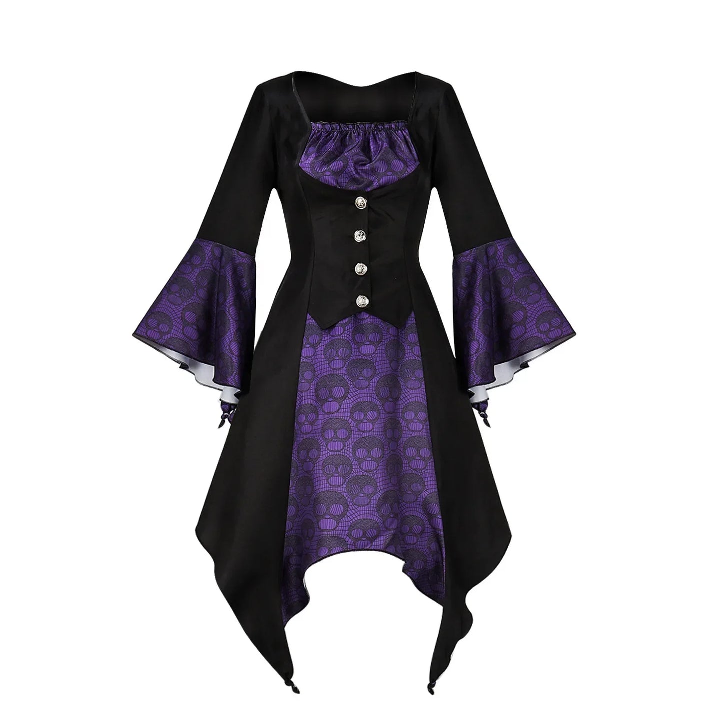 Women Vintage Long Sleeve Halloween Witch Vampire Gothic Ghost Dresses Up Party Skull Dress Clothes Autumn Cosplay Costume