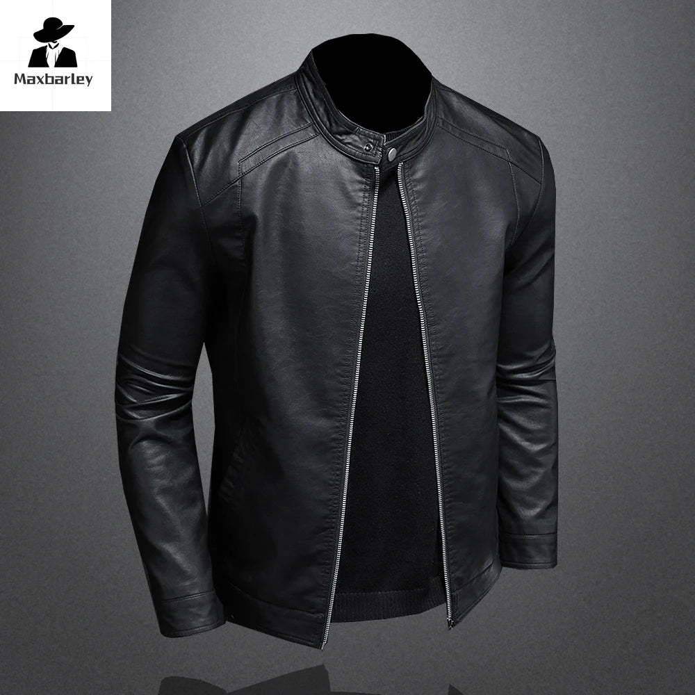 Spring Autumn Leather Jacket Men Stand Collar Slim Pu Leather Jacket Fashion Motorcycle Causal Coat Mens Moto Biker Leather Coat