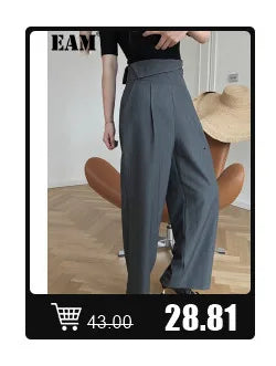 [EAM] Big Size Gray Jacket Wide Leg Pants Two Piece Suit New V-Neck Long Sleeve Women Fashion Tide Spring Autumn 2024 1DH6481