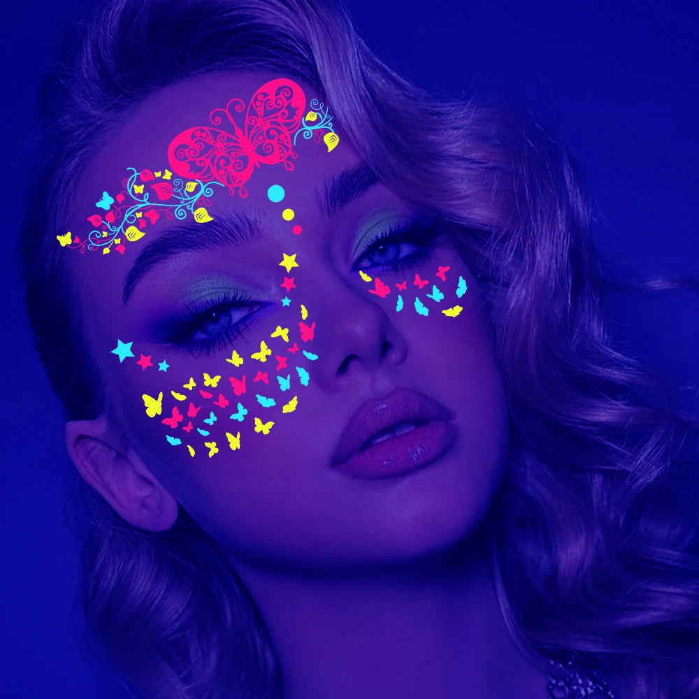 1Pcs Halloween Fluorescent Face Stickers 12-Styles Feather/Flowers/ButterflyDesign Tattoo Sticker Waterproof Glowing Face Decals Viralgem Store