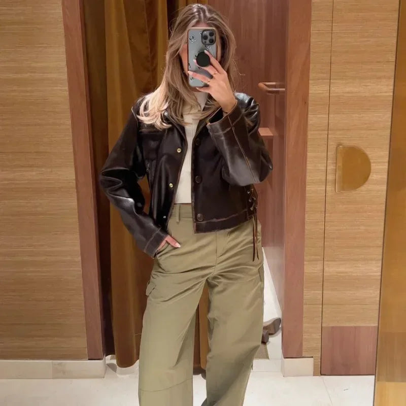 Vintage Cropped Distressed Leather Jacket For Women Chic Lapel Single Breasted Lace Up Coat Autumn Lady New Chic Streetwear 2024
