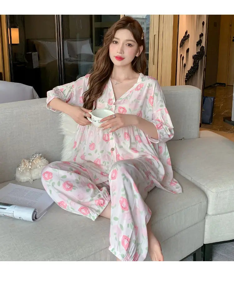 2023 New Cotton Silk Summer Pajamas Suit Plus Size Loose Ladies Home Clothes Two-piece Casual Style Thin