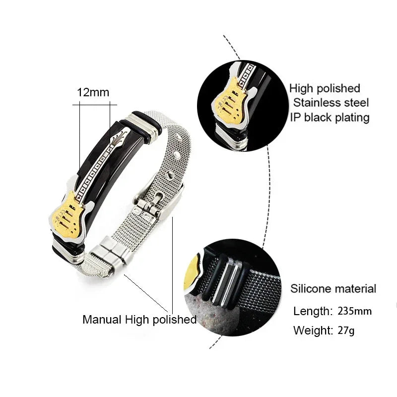 10mm Stainless Steel Guitar Bracelets Fashion Men's Bend Tag Adjustable Mesh Band Bangles Couple Music Party Jewelry Gift Viralgem Store