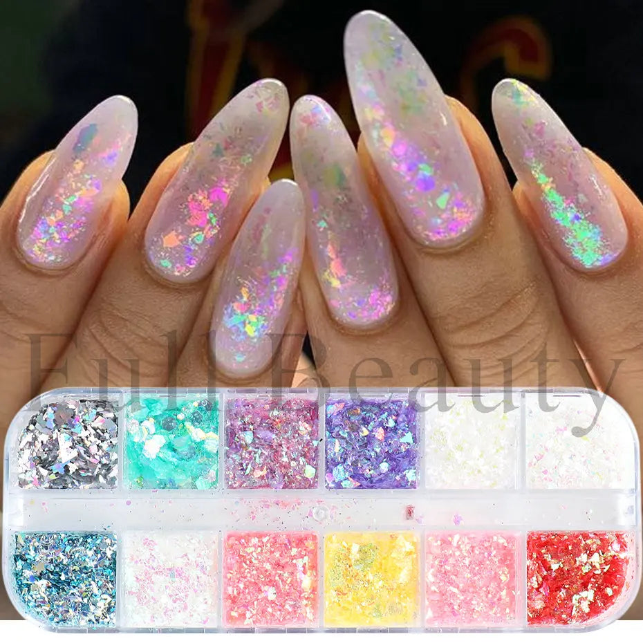 12 Grids Opal Dream Crystal Sequins Nail Flake Galaxy Iridescent Aurora 3D Paillette for Winter Autumn Manicure Decoration SWYFH Viralgem Store