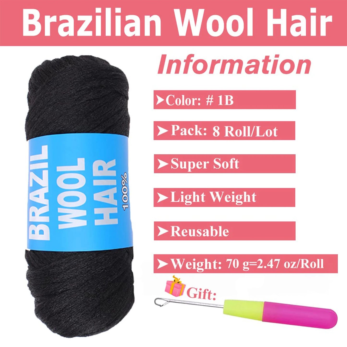 8pc Brazilian Wool Hair Synthetic Crochet Hair Extensions for Women African Hair Yarn for Braiding Senegalese Twist Fake Hair