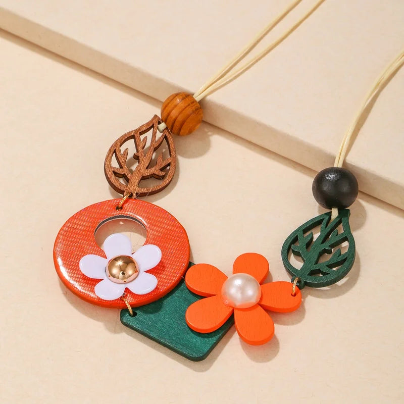Vintage Ethnic Geometric Wooden Bib Necklace Women Wood Leaves Flower Collar Handmade Adjustable Choker Long Necklaces Pendants Viralgem Store