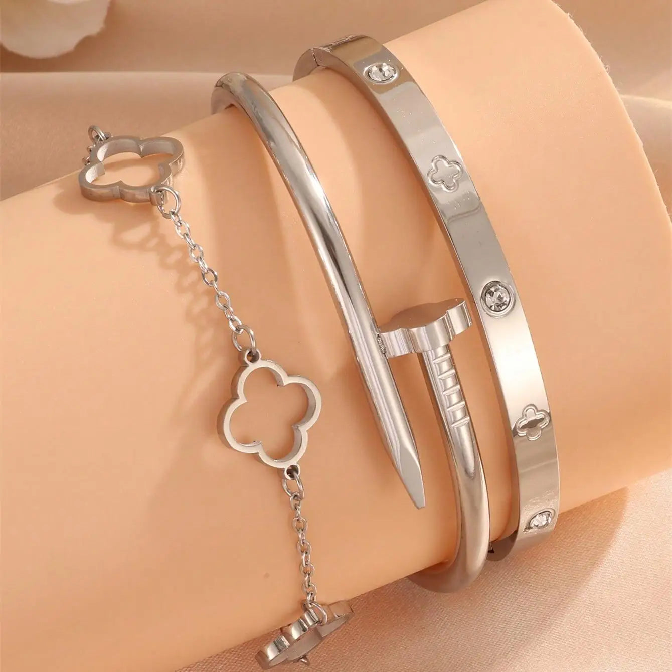 3PCS French Lucky Clover Women's Bracelet Set High Quality Stainless Steel INS Hot Selling Bracelet Charm Feeling Jewelry Gift Viralgem Store