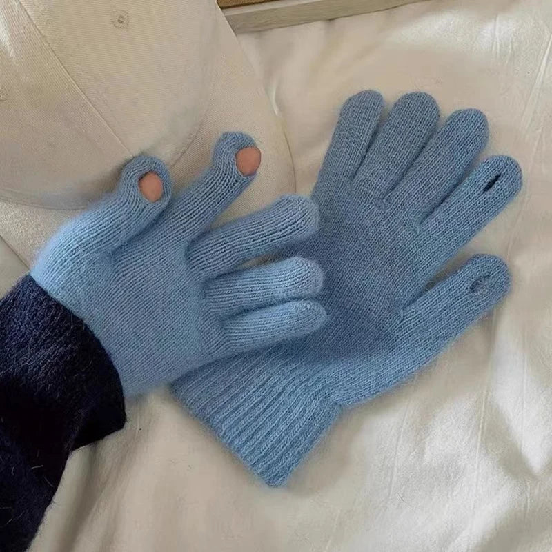 1Pair Autumn Winter Warm Gloves Wool Knitted Touchscreen Gloves Full Finger Mittens Outdoor Skiing Ride Casual Windproof Guantes