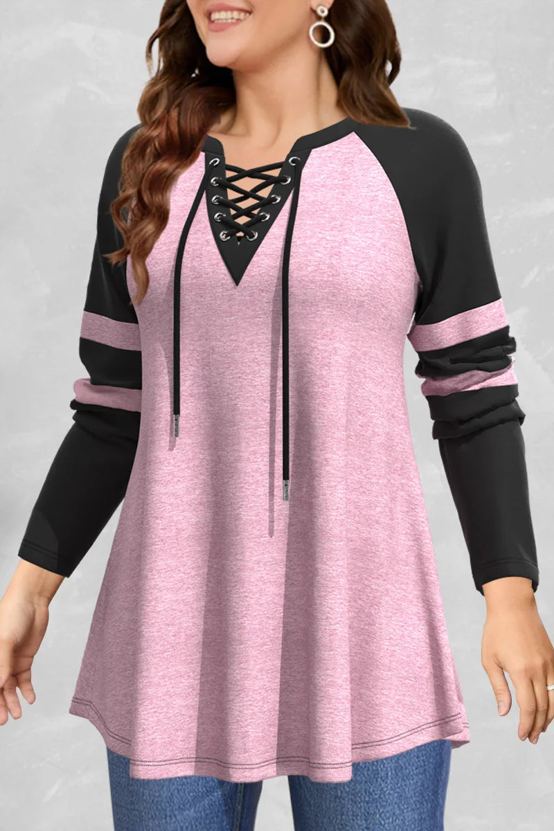 Women Long Sleeve T shirt Plus Size Casual Pink Colorblock Cross Lace-Up V Neck T shirt Loose Casual Splice Medium Stretch Tops