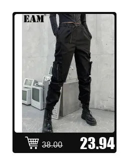 [EAM] Loose Fit Black Denim Big Size Sweatshirt New High Collar Long Sleeve Women Big Size Fashion Spring Autumn 2024 1K166