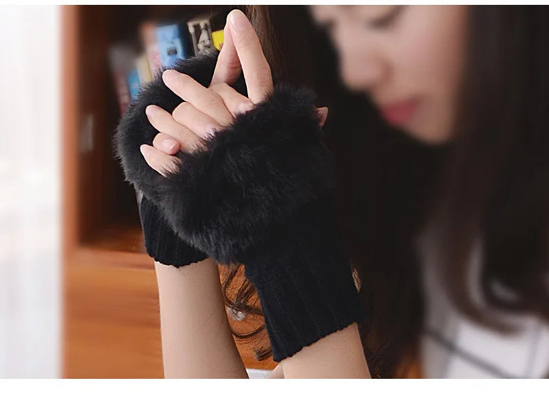Women Autumn Winter Keep Warm Plush Knitted Woolen Splicing Half Finger Gloves Cute Lovely Sweety Smooth Soft Writing Drive