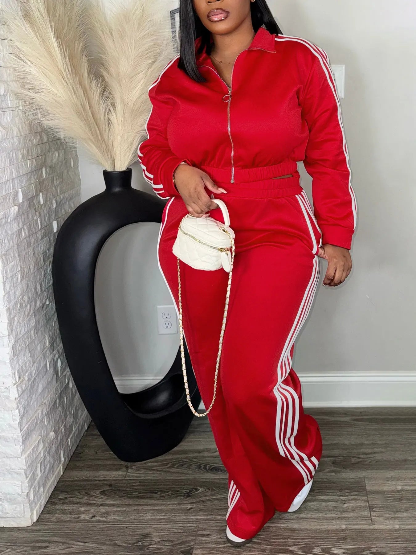 Women’s 2 Piece Tracksuit Set Zip-Up Top + High Waist Pants Side Stripe Casual Outfit Viralgem Store