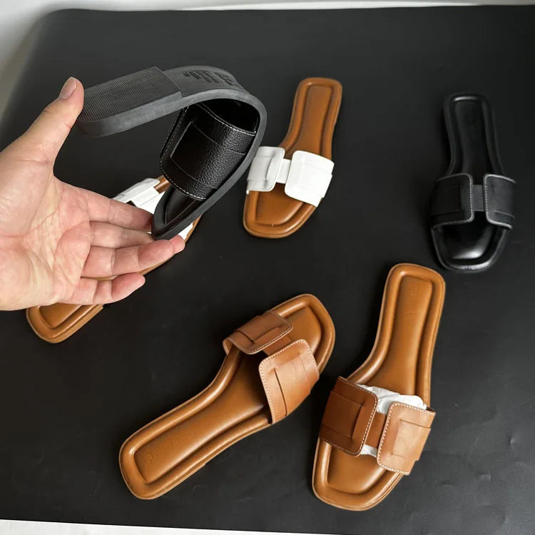 2024 Women Modern Slippers Summer Outdoors Comfortable Flat Slippers Luxury Leather Slippers Casual Slides Shoes Females Sandals