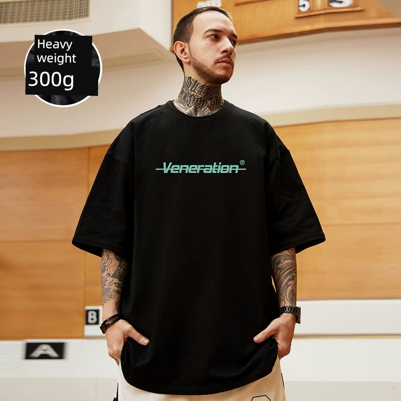 300G Heavy Weight American Letter Print Short-Sleeve T-shirt Street Plus Size Black round Neck Cotton Simple Half Sleeve Men's Fashion