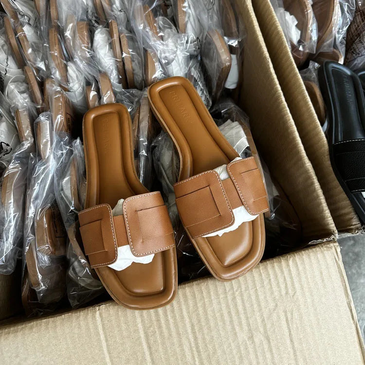 2024 Women Modern Slippers Summer Outdoors Comfortable Flat Slippers Luxury Leather Slippers Casual Slides Shoes Females Sandals