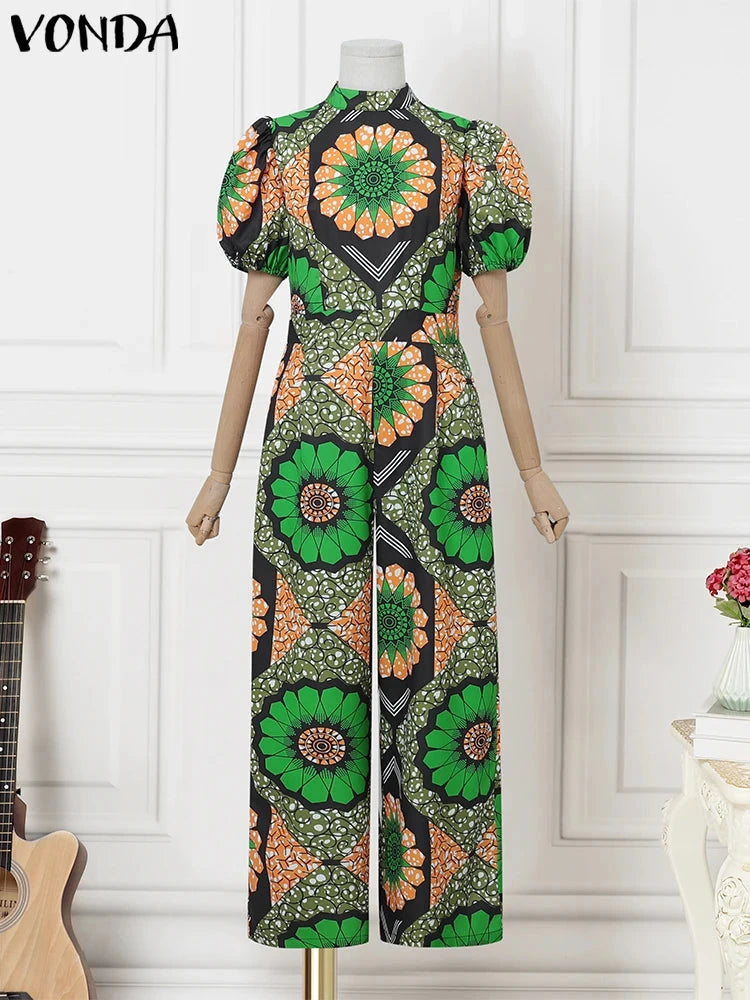 VONDA Women Jumpsuits Short Puff Sleeve Bohemian Print Playsuits 2025 Stand Collar High Waist Overalls Oversized Viralgem Store