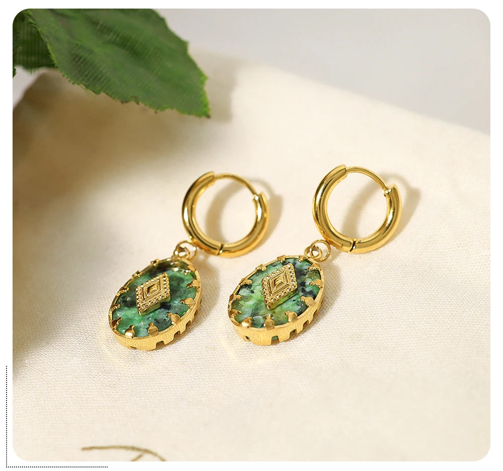 WILD & FREE 18K Gold Plated Natural Stone Stainless Steel Drop Earrings for Women Green African Turquoise Charm Vintage Jewelry