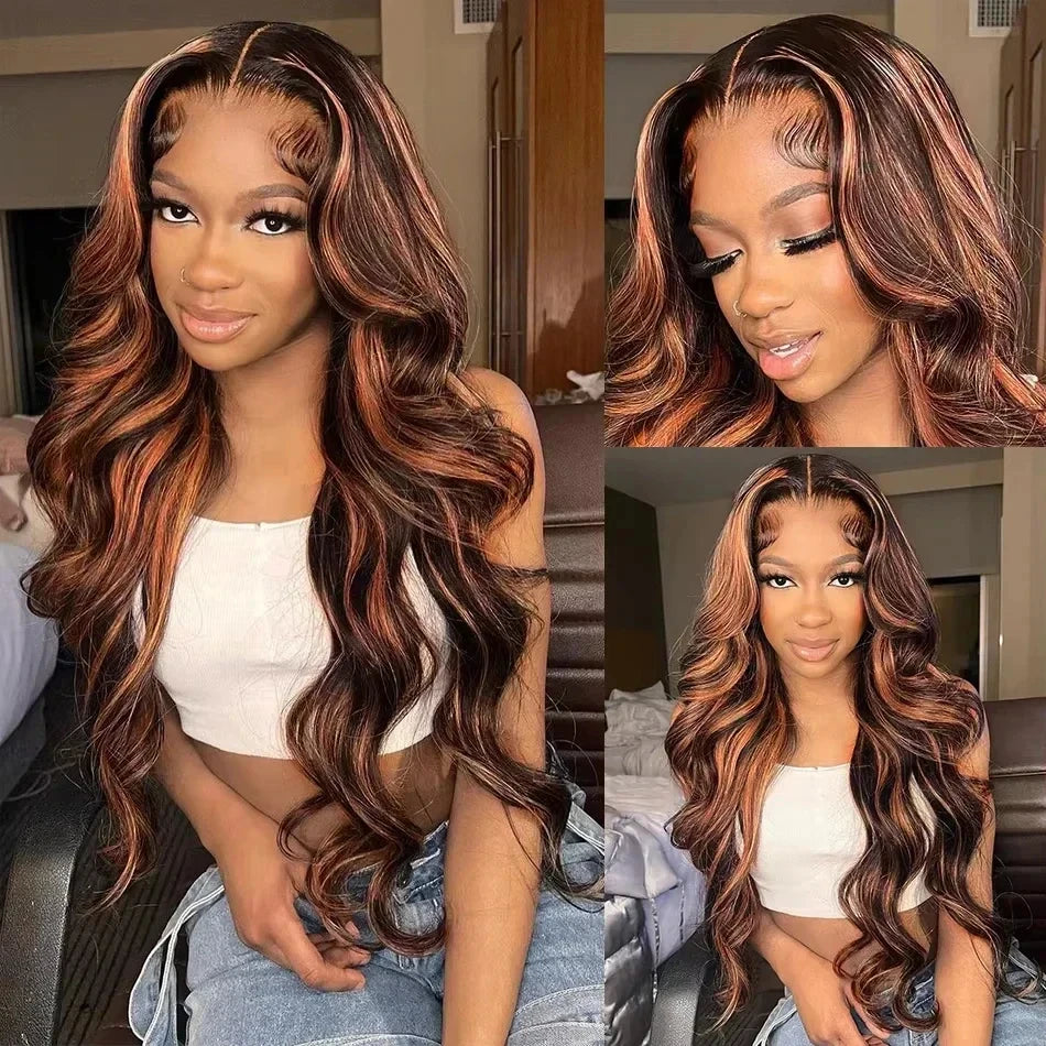 Upgraded 1B/30 Balayage Body Wave 13x4 Highlight Lace Front Human Hair Wig Vietnamese 30 Inch Omber Brown Colored Wig Human Hair Viralgem Store
