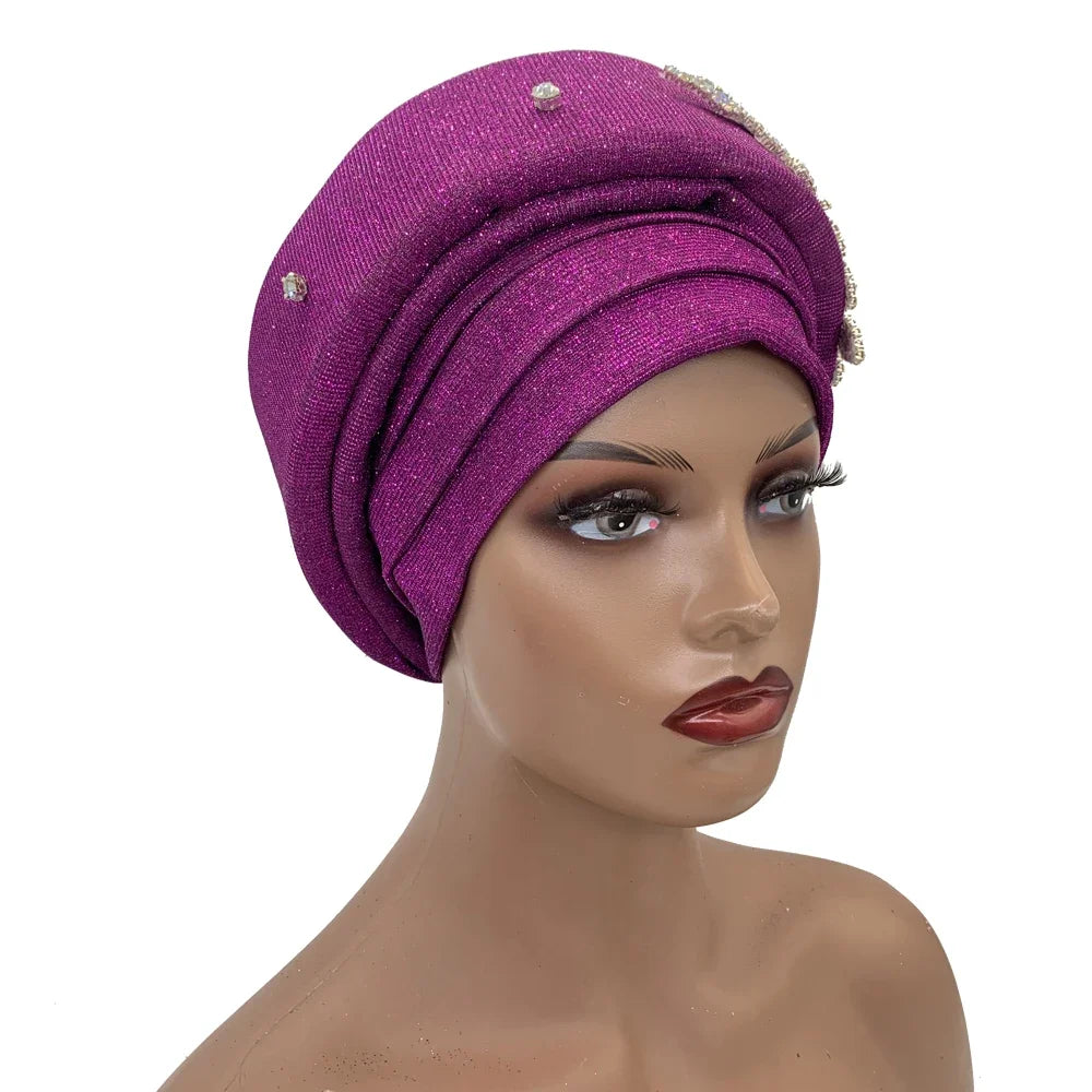 African Wrap Head Headgear Nigeria Auto Gele Headtie Turbante Mujer Luxury Rhinestone Turban Hat for Women Glitter