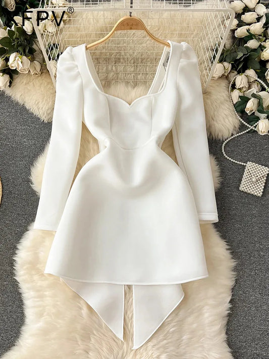 XFPV Female Dress Square Collar Solid Puff Sleeve Backless Bow High Waist Elegant Fashion Vestidos Spring Autumn2024 SM9457