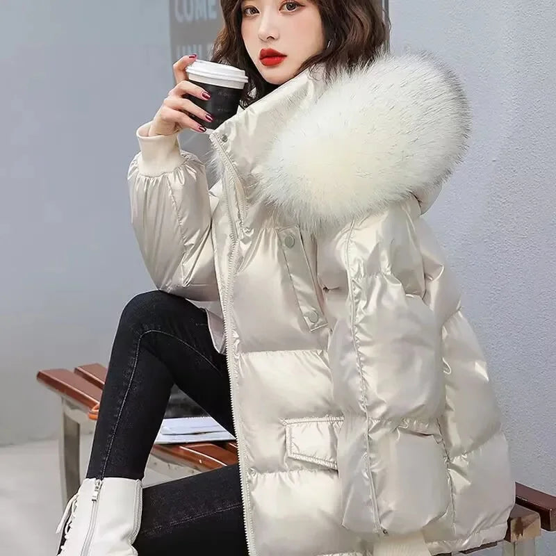 2025 Winter Fashion New Warm Duck Down Jacket Women's Clothes Glossy Fur collar Thicken Parka Short Down Coat Female Trend Viralgem Store