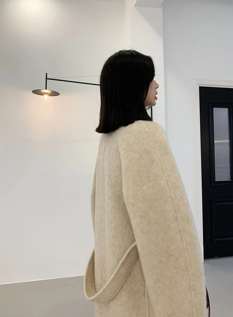 2024 Autumn Winter Wool Coat Women Double-breasted Solid Color Women's Double-sided Woolen Belt Coats Loose Warm Wool Jacket